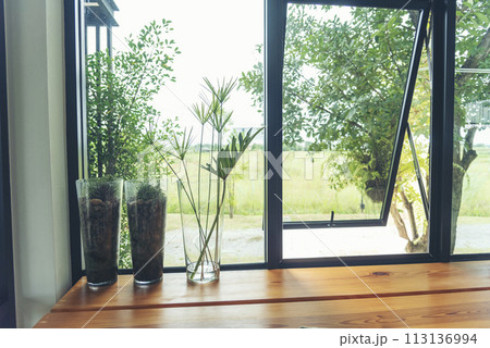 Blurry background interior design bar table chair window decorate indoors space display. Blurred background cafe coffee shop restaurant in shopping mall with light bokeh business event retail store 113136994