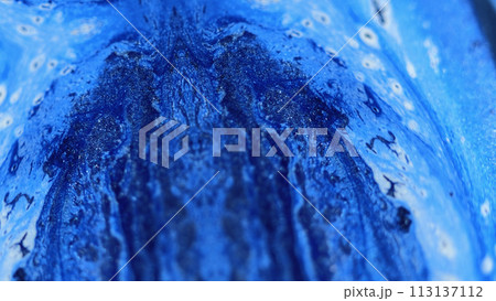 Paint spill. Futuristic fractal. Defocused blue white color shimmering glitter texture ink fluid flow symmetrical ornament abstract art background. Paint spill. Futuristic fractal. Defocused blue white color shimmering glitter texture ink fluid flow symmetrical ornament abstract art background. 113137112