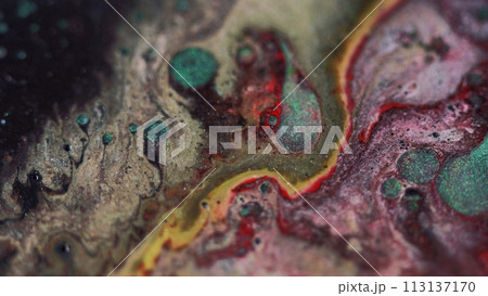 Paint spill. Glitter ink mix. Defocused red blue golden black color sparkling marble texture fluid blend wave motion decorative abstract background. Paint spill. Glitter ink mix. Defocused red blue golden black color sparkling marble texture fluid blend wave motion decorative abstract background. 113137170