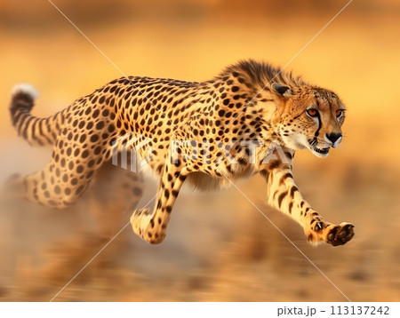 A cheetah at full speed during a hunt, captured in stunning detail against a blurred savannah background A cheetah at full speed during a hunt, captured in stunning detail against a blurred savannah background 113137242