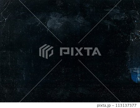 Gritty texture. Cracked overlay. Old film noise. White dust scratches dirt stains grain particles distressed broken effect on dark black blue illustration abstract background. 113137377