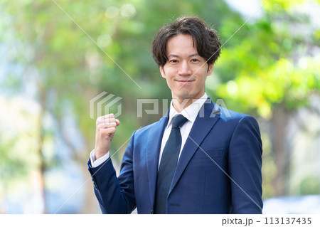 ビジネスマン　新緑　ガッツポーズ 113137435