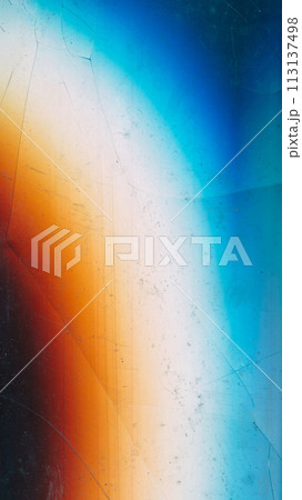 Damaged display. Broken glass. Dust scratch texture. Blue orange white black rainbow color glow glitch distortion crushed aged effect illustration abstract background. 113137498