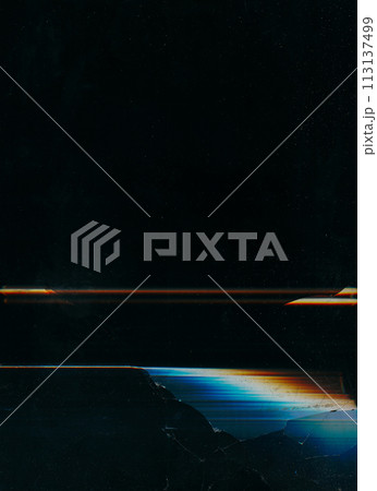 Damaged display. Matrix glitch. Broken glass. Blue orange color dust scratches noise shattered worn texture on black illustration abstract background. 113137499