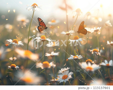 Vibrant Floral Garden in Summer: A Bright, Colorful Array of Flowers, Leaves, and Trees, Bringing Beauty to Nature's Canvas Vibrant Floral Garden in Summer: A Bright, Colorful Array of Flowers, Leaves, and Trees, Bringing Beauty to Nature's Canvas 113137601