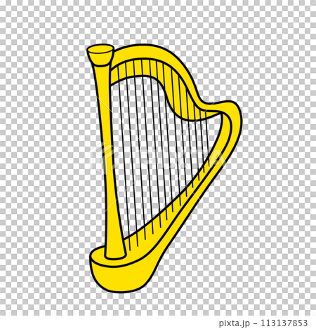 Simple and cute harp illustration, white background, vector, with main lines, clip art 113137853
