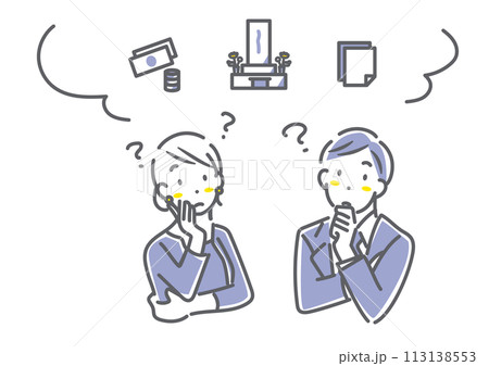 お墓について考える若い夫婦　シンプルでお洒落な線画イラスト 113138553