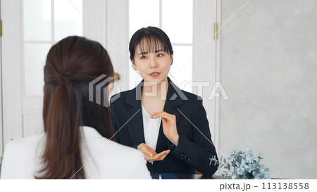 オフィスで会話する二人の女性 オフィスで会話する二人の女性 113138558
