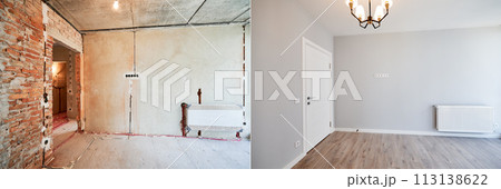 Photo collage of apartment room before and after restoration or refurbishment. Old room with doorway and new renovated living room with parquet floor and elegant interior design. 113138622