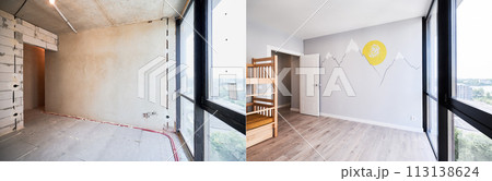 Old apartment room with brick wall and new renovated flat with parquet floor and kid house bed. Comparison of children room with wooden bunk bed before and after renovation. 113138624