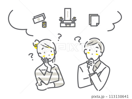お墓について考える若い夫婦 シンプルでお洒落な線画イラスト お墓について考える若い夫婦 シンプルでお洒落な線画イラスト 113138641