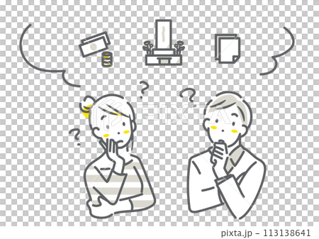 お墓について考える若い夫婦 シンプルでお洒落な線画イラスト お墓について考える若い夫婦 シンプルでお洒落な線画イラスト 113138641