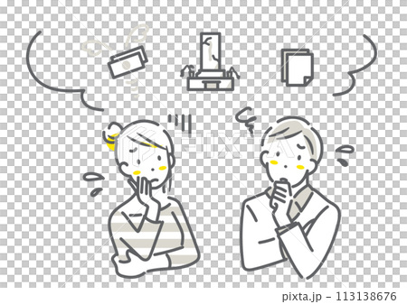 A young couple thinking about the end of their grave - simple and stylish line drawing illustration 113138676