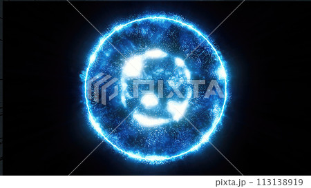 Blue energy magic sphere round hi-tech light digital ball space planet star made of futuristic light rays lines and energy particles. Abstract background 113138919