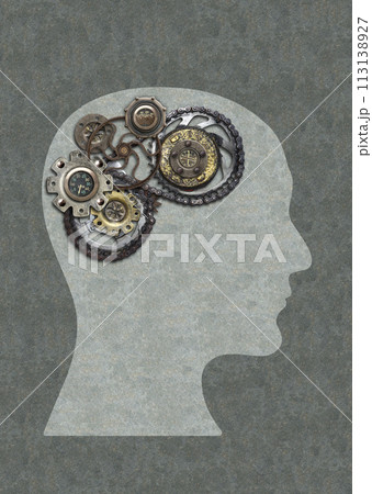 Vertical steampunk style background with shape of a human's head and brain made of gears. Man profile and vintage gears. Power Of Mind, psychology, mental health concept. Copy space for text 113138927