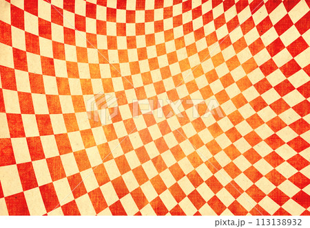 Retro background with texture of old soiled paper of red and yellow color and checkered pattern. Vintage horizontal backdrop with grunge frame. Copy space for text Retro background with texture of old soiled paper of red and yellow color and checkered pattern. Vintage horizontal backdrop with grunge frame. Copy space for text 113138932