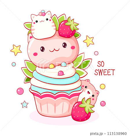 Cute cat-shaped dessert in kawaii style. Cake, muffin and cupcake with whipped cream and berry. Inscription So sweet. Can be used for t-shirt print, sticker, greeting card. Vector illustration EPS8 Cute cat-shaped dessert in kawaii style. Cake, muffin and cupcake with whipped cream and berry. Inscription So sweet. Can be used for t-shirt print, sticker, greeting card. Vector illustration EPS8 113138960
