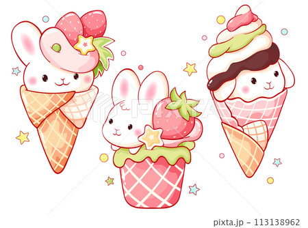 Collection of summer kawaii style animal-shaped dessert. Strawberry ice cream with whipped cream. Set of cute bunny-shaped dessert. Can be used for t-shirt print, sticker, greeting card. Vector EPS8 113138962