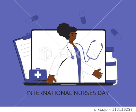 International nurses day text card. Holiday banner. Telemedicine concept, Female character and medical symbols illustration. 113139258