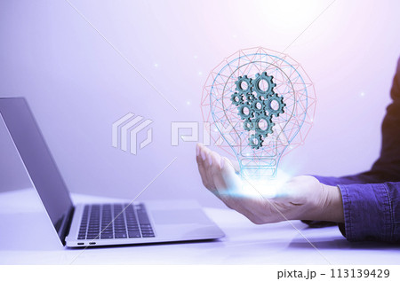 Businessman Touching 3D Icon Bulb.Concept of Ideas for success.Concept with innovation inspiration.Success start from new ideas to innovative technology relying on information from the internet data 113139429