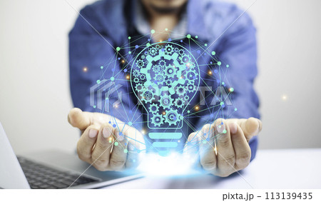 Innovation technology Concept. Hand Touching Icon Bulb. Concept with innovation inspiration. Success start from new ideas to innovative technology relying on information from the internet big data. Innovation technology Concept. Hand Touching Icon Bulb. Concept with innovation inspiration. Success start from new ideas to innovative technology relying on information from the internet big data. 113139435