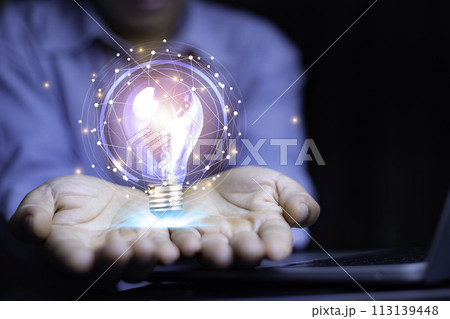 Innovation technology Concept. Hand Touching Icon Bulb. Concept with innovation inspiration. Success start from new ideas to innovative technology relying on information from the internet big data. 113139448