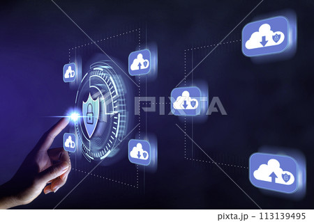 Cyber security concept protect information on internet network. Business scan keys unlock the screen with virtual screen interface to enter the network, futuristic virtual screen interface technology. 113139495