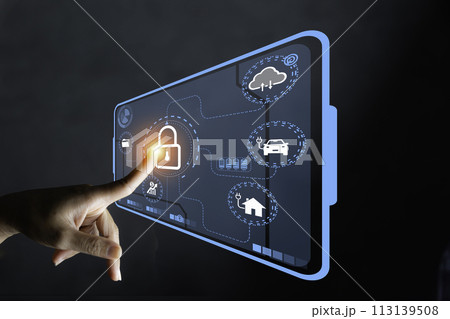 Cyber security concept protect information on internet network. Business scan keys unlock the screen with virtual screen interface to enter the network, futuristic virtual screen interface 113139508