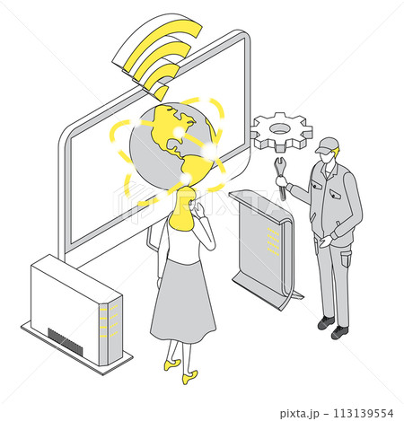 インターネット接続の設定を業者が手伝っているイメージイラスト 113139554