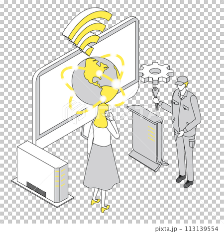 インターネット接続の設定を業者が手伝っているイメージイラスト 113139554