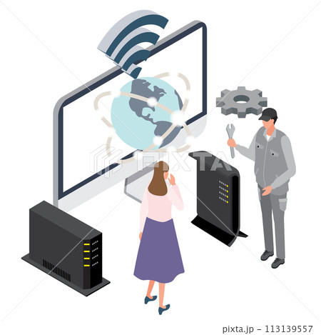 インターネット接続の設定を業者が手伝っているイメージイラスト インターネット接続の設定を業者が手伝っているイメージイラスト 113139557
