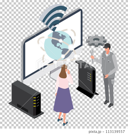 インターネット接続の設定を業者が手伝っているイメージイラスト インターネット接続の設定を業者が手伝っているイメージイラスト 113139557
