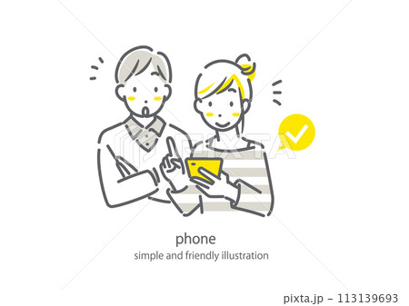 スマホで手続きをする若い夫婦　シンプルでお洒落な線画イラスト 113139693