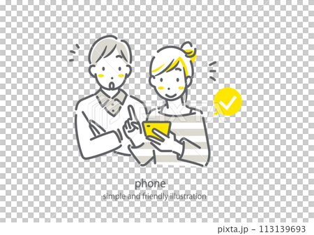 スマホで手続きをする若い夫婦　シンプルでお洒落な線画イラスト 113139693