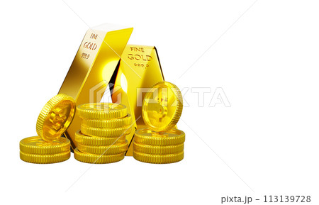 3d rendering Golden Stack of Money Coins and Gold bars isolated white background copy space 113139728