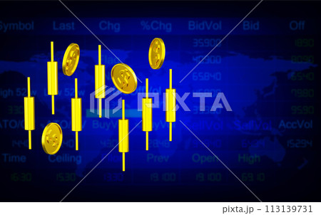 3D rendering gold candlesticks with coins blurred background, concept business finance growth, stock investment, and economic success 113139731