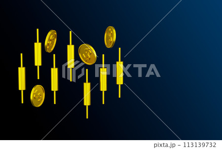 3D rendering gold candlesticks with coins copy space for text with dark background 113139732