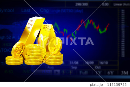 3D rendering gold bars with coins, Market graph, and chart illustration blurred background, concept business finance growth, stock investment, and economic success 113139733