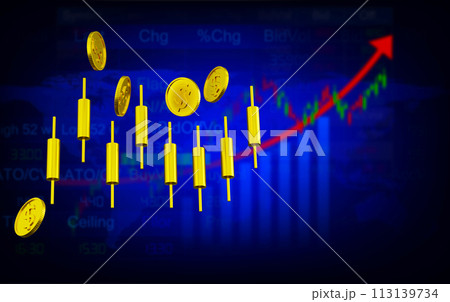 3D rendering gold candlesticks with coins, Market graph, and chart illustration blurred background, concept business finance growth, stock investment, and economic success 113139734