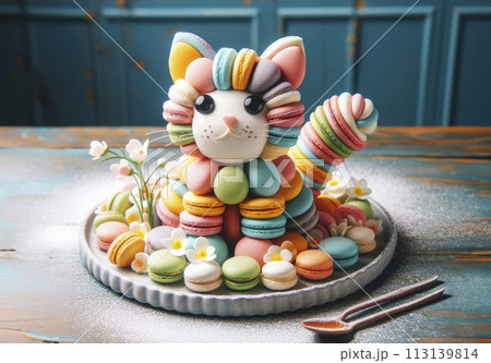 Classic French dessert macarons on a beautiful plate in the shape of a cute cat. Creative food photography Classic French dessert macarons on a beautiful plate in the shape of a cute cat. Creative food photography 113139814