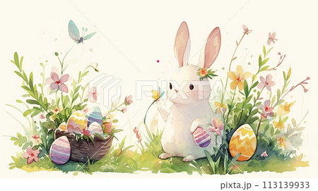 春の花とうさぎのかわいいイラスト　AI画像 113139933