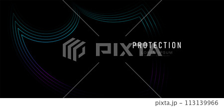 Security Shield concept. Shield and free space. Abstract background with blue and purple glowing particle lines. Illustration vector Security Shield concept. Shield and free space. Abstract background with blue and purple glowing particle lines. Illustration vector 113139966