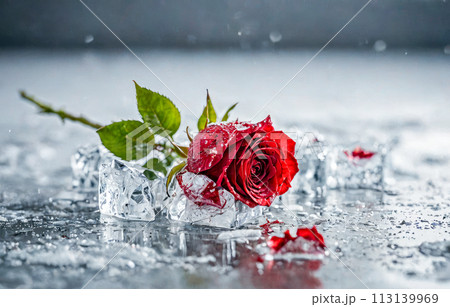 Red rose lies on icy surface, dew drops adding freshness. Vibrant color contrasts with cold blue tones, perfect for expressing complex emotions 113139969