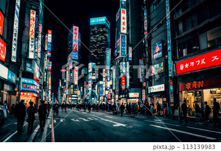 Urban scene at night highlighted by neon advertisements, lively ambiance. Pedestrians and vehicles add motion and life to this dynamic city environment 113139983