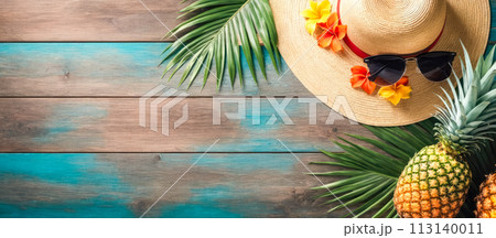Vacation summer holiday travel tropical ocean sea banner panorama greeting card - straw hat, sunglasses pineapple and palm tree leaves, on wooden table, top view Vacation summer holiday travel tropical ocean sea banner panorama greeting card - straw hat, sunglasses pineapple and palm tree leaves, on wooden table, top view 113140011