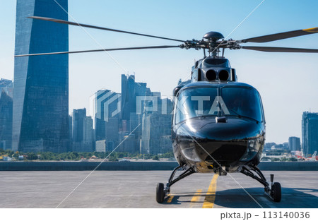 black helicopter on roof of skyscraper. city background. helicopter parked on roof of skyscraper 113140036
