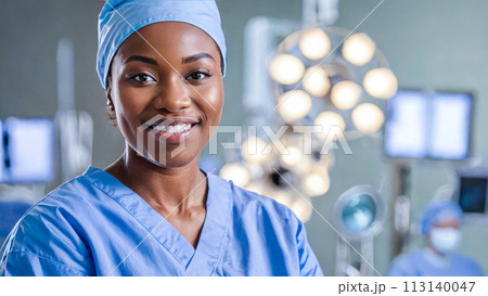 professional female surgeon, dressed in blue scrubs, stands ready in operating room. Surgical lights illuminate sterile environment. monitors display vital signs 113140047