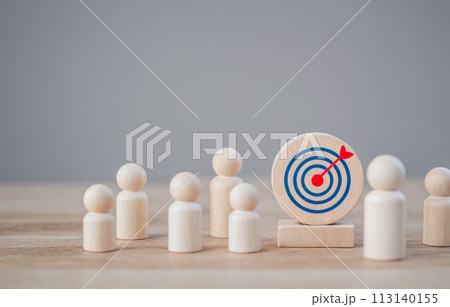 Target concept of business and personnel in company. wooden dolls standing around target board and arrow. creating and targeting business objectives. Marketing solutions, targets for business Target concept of business and personnel in company. wooden dolls standing around target board and arrow. creating and targeting business objectives. Marketing solutions, targets for business 113140155