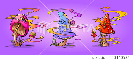 Funny groovy trippy mushroom with funky faces Funny groovy trippy mushroom with funky faces 113140584