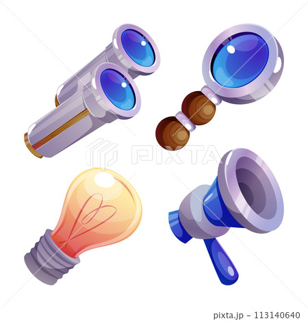 Megaphone, bulb, binoculars and magnify glass icon 113140640